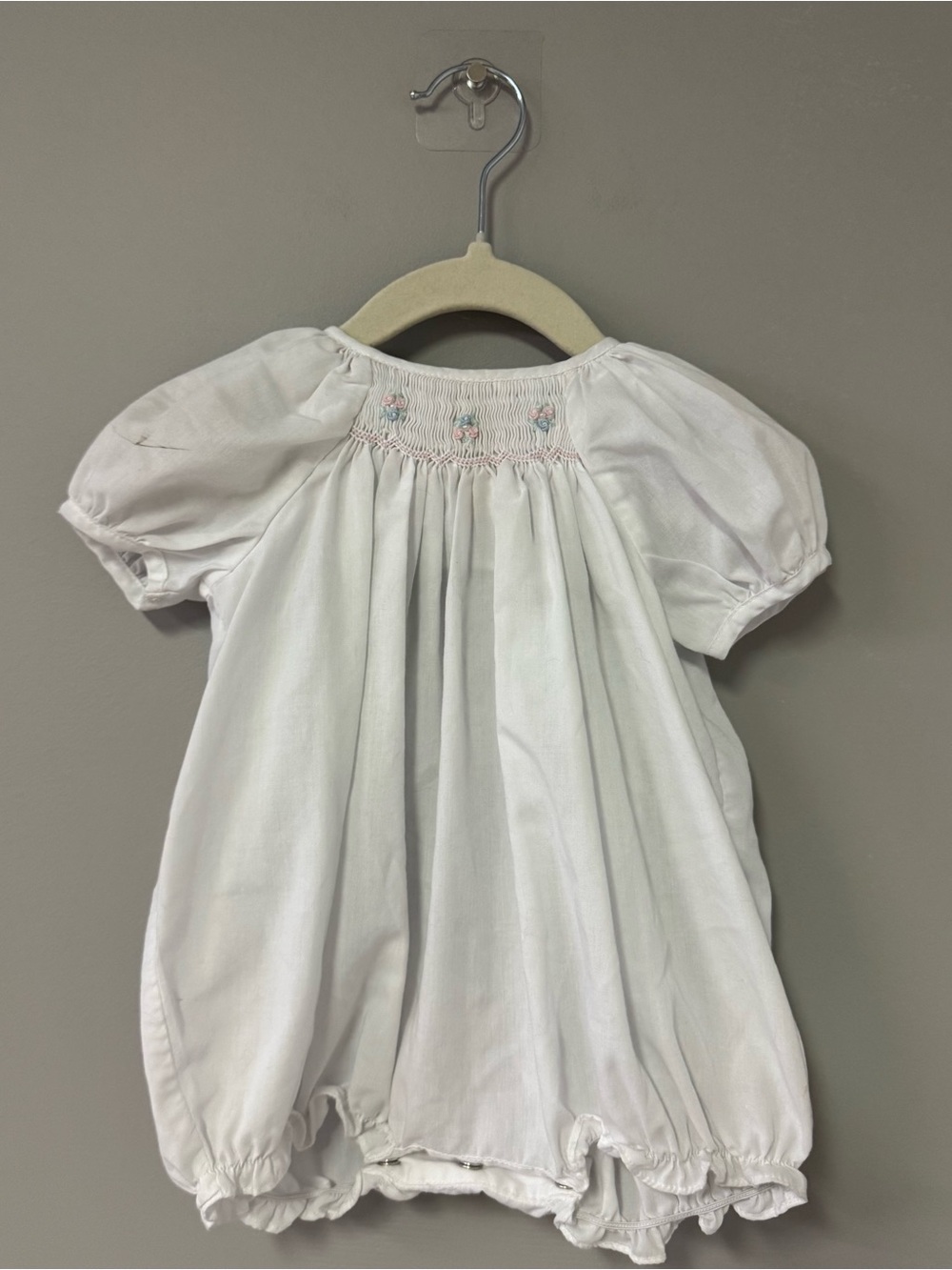 White Smocked Short-Sleeve Baby Bubble Romper